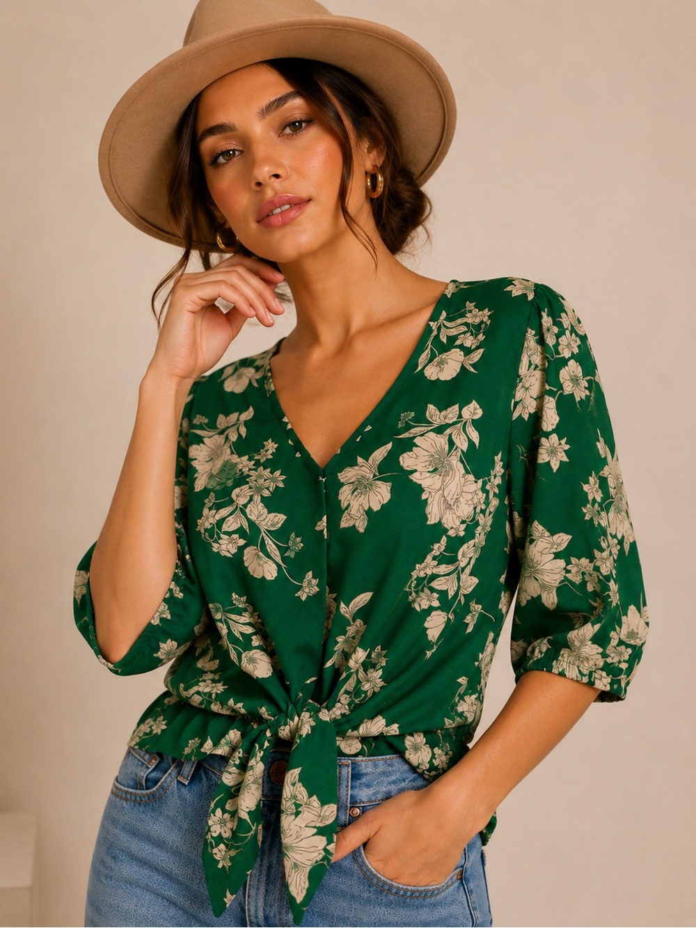 Sienna Sky Green Floral V-Neck Tie-Front Blouse